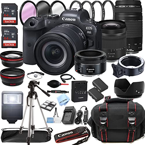 Canon EOS R6 Mirrorless Digital Camera with RF 24-105mm f/4-7.1 STM Lens + 75-300mm F/4-5.6 III Lens + 50mm f/1.8 STM Lens + 128GB Memory + Case + Tripod + Filters (43pc Bundle)