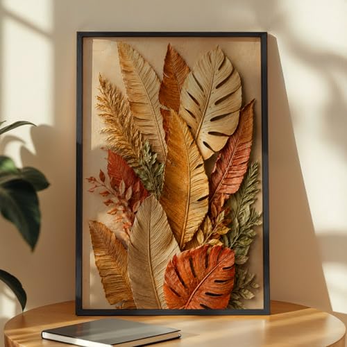 Image of NoWorries 3D Tropical Leaf Wall Painting with Frame Set of 1 | Premium Textured Botanical Leaves Artwork, Luxury Nature Wall Decor for Living Room, Bedroom, Office and Home Decoration (3d Art-16,13x19inch)