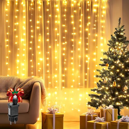 Aigostar 1×1m 100LED Cortina de Luces Navidad, 8 Modos Luces de Cadena de Cortina, IP44 Impermeable con Temporizador, para Habitacion, Exterior (Blanco Cálido)