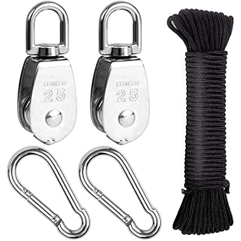 Feibmir M25 Pulley Block,304 Stainless Steel Single Wheel,Wire Towing Wheel,Carabiner Snap Hook Clips,Nylon Line Rope(150kg) Cover