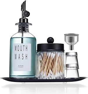 Glass Mouthwash Dispenser for Bathroom with Cups, Style Mouthwash Container Bottle with Qtip Holder,Glass Bottle 11.8oz Refillable Mouthwash Dispenser with Tray Funnel, Black