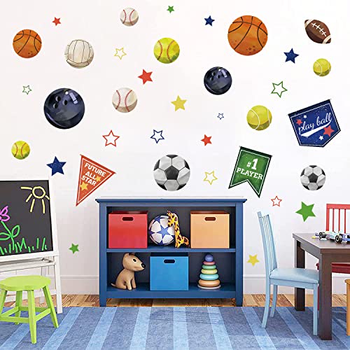 Supzone Sport Balls Wall Stickers Boys Sports Race Flag Wall Decals Colorful Basketball Soccer Baseball Stars Diy Vinyl Wall Art Sticker For Boys Playroom Bedroom Living Room Wall Décor #TOP2
