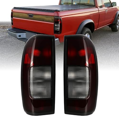USR 98-04 D22 Pickup Truck Tail Light – Rear Tail Lamps Set (Left + Right) Pair - Compatible with 1998-2004 Nissan Frontier Pick Up Trucks All Models (SMOKE RED LENS TAIL LIGHTS with INSTALL HARDWARE)