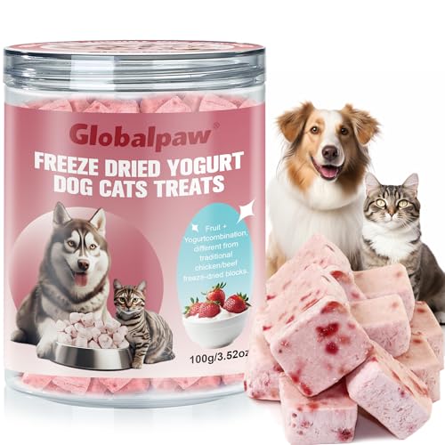 Globalpaw Freeze Dried Yogurt Dog Cats Treats Crunchy Snacks with Strawberry100g (3.52oz), High Protein Yogurts Snacks Pets Food for Cats Dogs Training