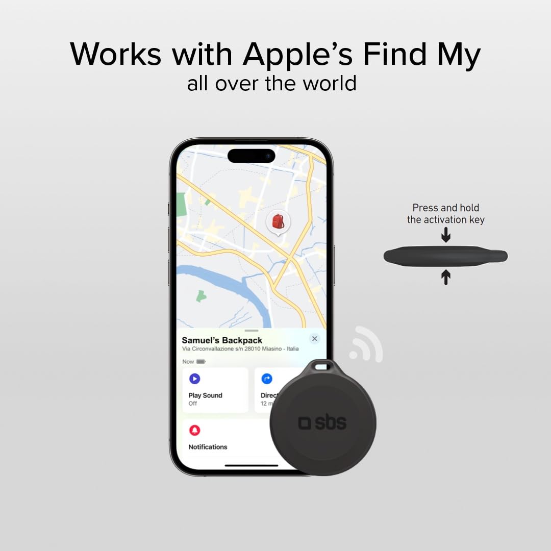 SBS Track My Circle - Localizzatore Chiavi e Oggetti Compatibile con Apple Dov’È, Suono Allarme 100 dB, Pronto all'Uso con Batteria CR2032 Inclusa, Impermeabile IP65, con Foro Portachiavi, Nero