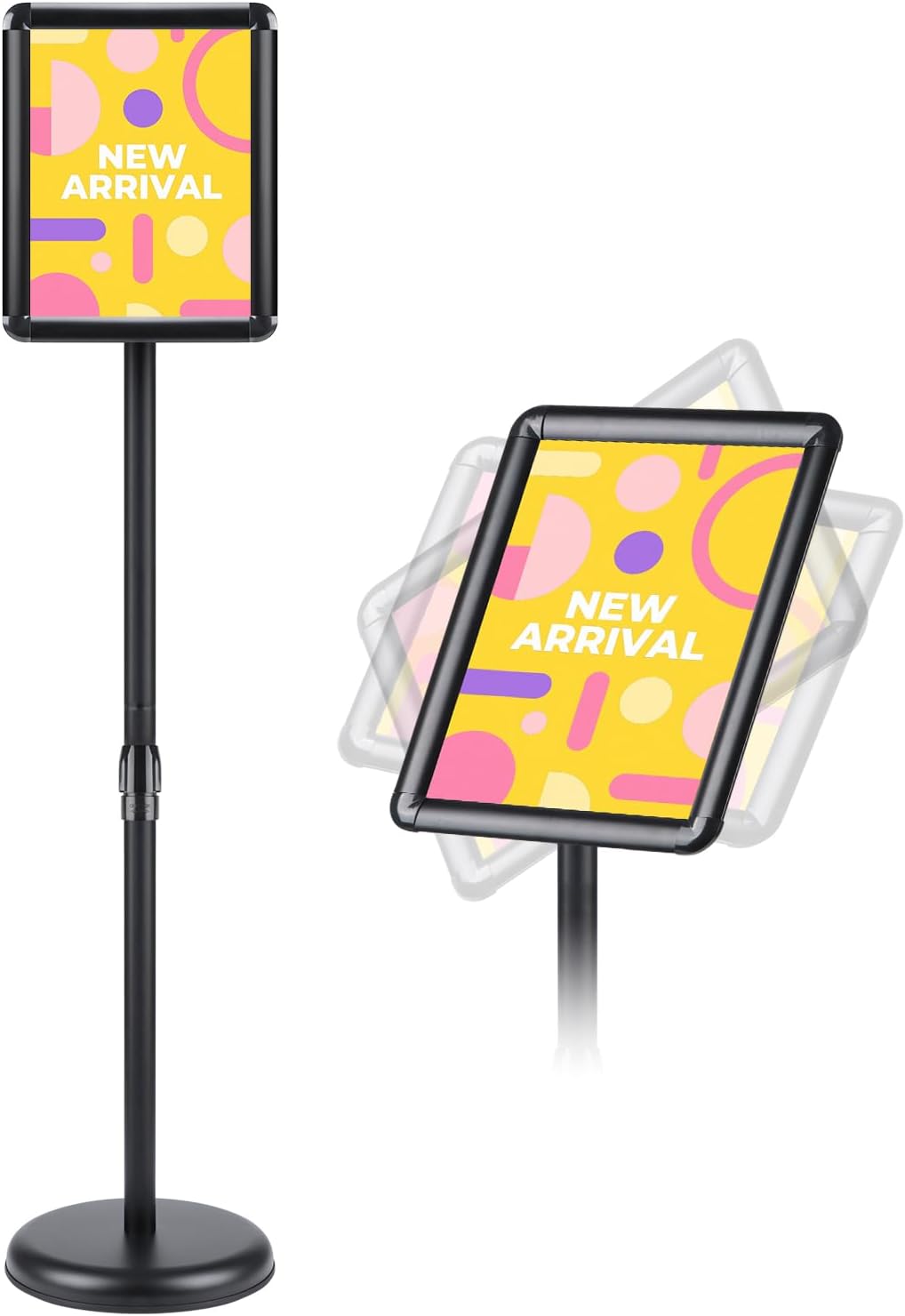 Floor Standing Sign Holder Stand, 8.5x11 Inches Stand Up Sign Holder with 360° Rotated Snap-Open Frame Height Adjustable Tall Sign Stand Vertical Horizontal View Display for Stores Schools Restaurants (Black, Round Corner) Black, Round Corner 8.5 x 11 Inc