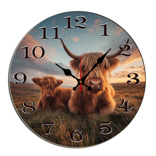 Horienteeon Horloge murale en bois de vache des Highlands - Décoration silencieuse - Sans tic-tac - Pour salon, cuisine, maison, salle de bain, chambre,...