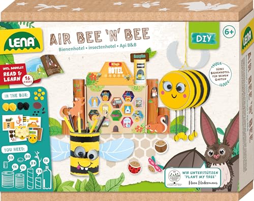 Lena 42832 Bastelset Air Bee'n'Bee, Set mit Biene, Stifthalter und Insektenhotel aus Papierbögen Haushaltsgegenständen, Klebeset für Jungen Mädchen, Papierbasteln Kinder, Mittel