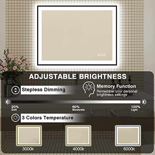 48x36 LED Bathroom Mirrors for Wall - Black Aluminum Framed(Front and Backlit),Anti-Fog Vanity Mirror with Lights,Stepless Dimmable Lighted Mirror,3 Colors Smart Mirror(Horizontal/Vertical)