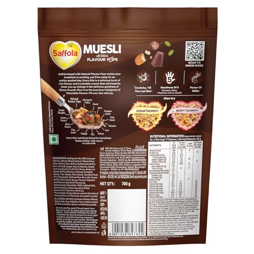 Image of Saffola Muesli Choco Crunch with Flavour Pops, 700 gm | 15 in 1 Fruit and Nuts, Seeds, Millet & more | Cereals for breakfast rich in wholegrain, protein, fibre (Pack of 2)