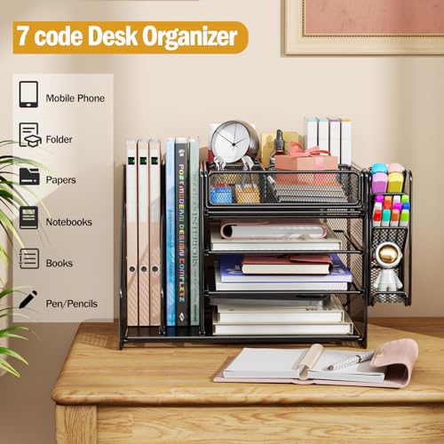 7 code Desk Organizer with File Holder, 5-Tier Letter Paper Tray Organizer with Drawer & Pen Holders, Desk Accessories Organizers and Storage, 2 Magazine Holder for Office Supplies image 7