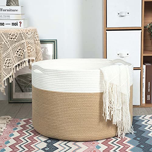 Mintwood Design Extra Large 22 X14 Inches Decorative Woven Cotton Rope Basket, Laundry Basket, Blanket Basket, Baby And Dog Toy Storage Baskets Bin, Kid Laundry Hamper, Towel Basket, Beige #TOP3