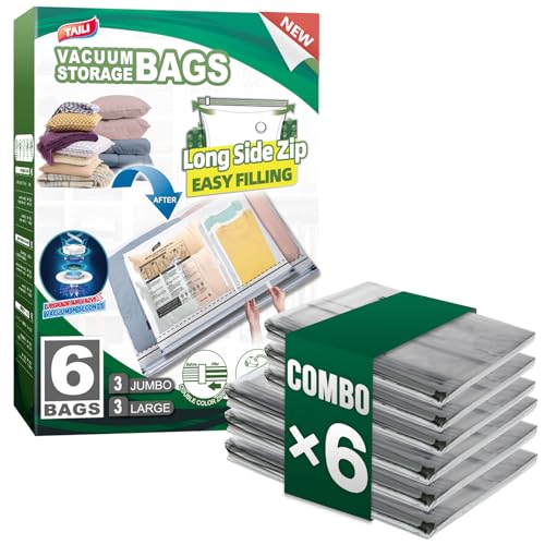 Image of TAILI 6 Pack Vacuum Storage Bags, 2 Size Combo(3 Large+3 Jumbo), Clear