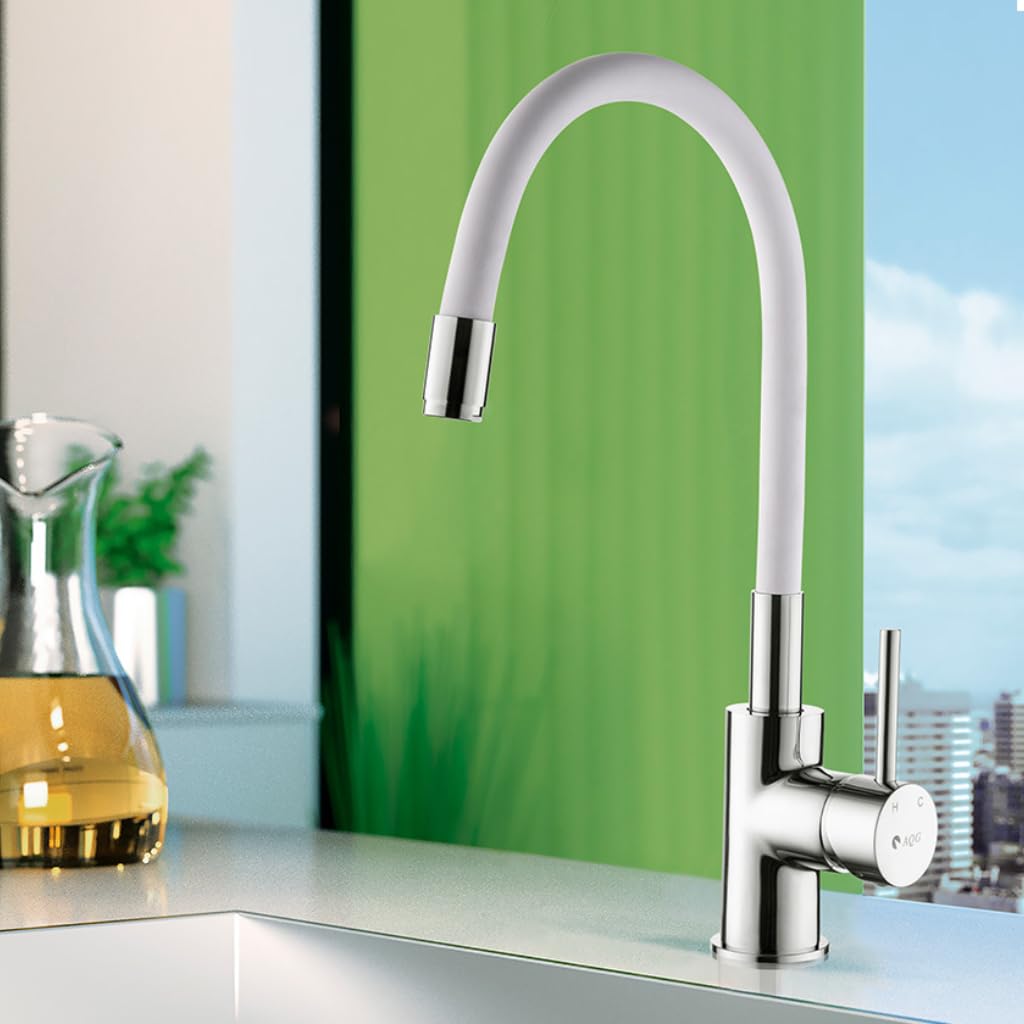 AQG - Grifo de Cocina Monomando con Caño Alto Flexible y Aireador Dual – Estilo Moderno, Fácil Instalación (Blanco)