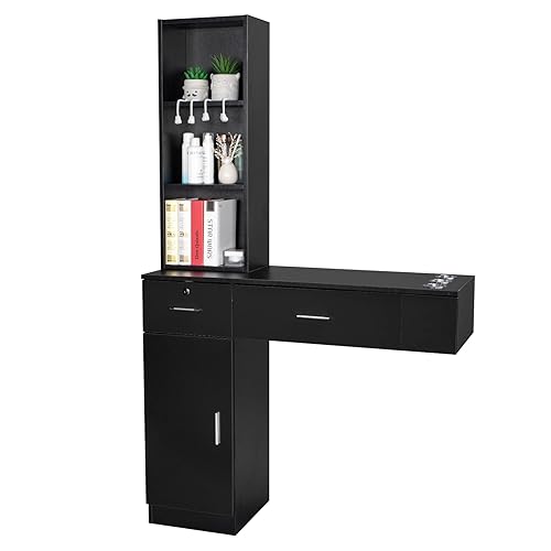 Miniatura 7 de OmySalon Estaciones de peluquería de montaje en pared, estaciones de salón para estilistas, juego de equipos de peinado con un gabinete de