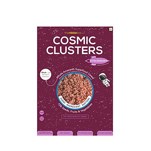 thenibblebox Strawberry Cosmic Clusters (Amaranth Rajgira Breakfast Cereal for Kids), 300g box [72% seeds-vegetables-dried fruit by weight, gluten free, vegan friendly, nut free, no refined sugar, no preservatives, no additives, no artificial colours or flavours]