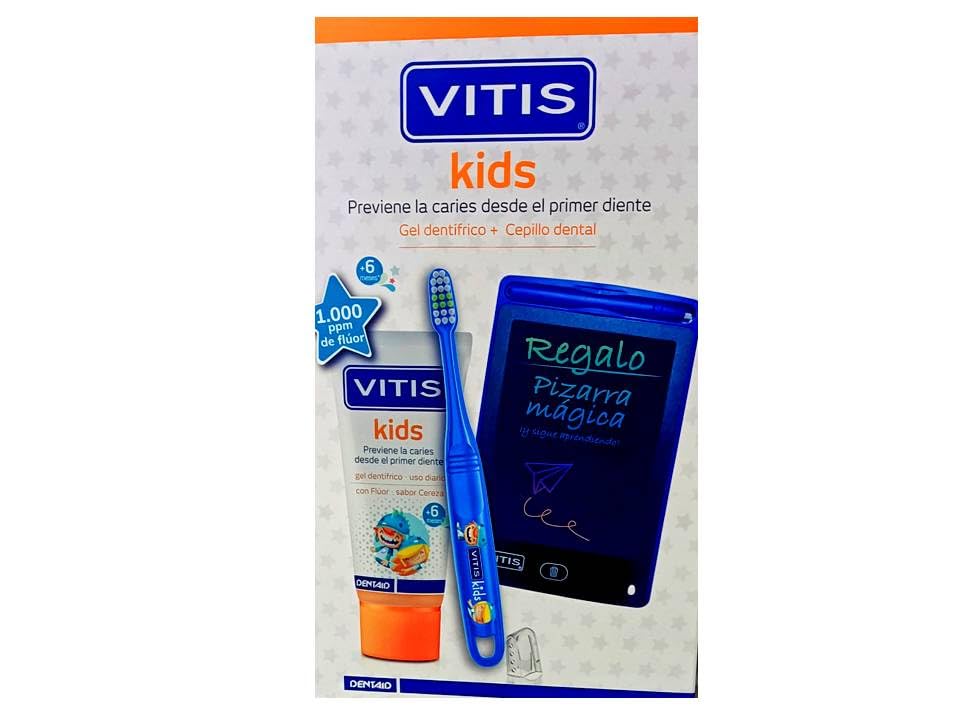 Vitis Kids PACK Gel Dentífrico Con Fluor Sabor Cereza, 50ml (+de 6 meses) +Cepillo Dental +3 AÑOS, REGALO PIZARRA MÁGICA.