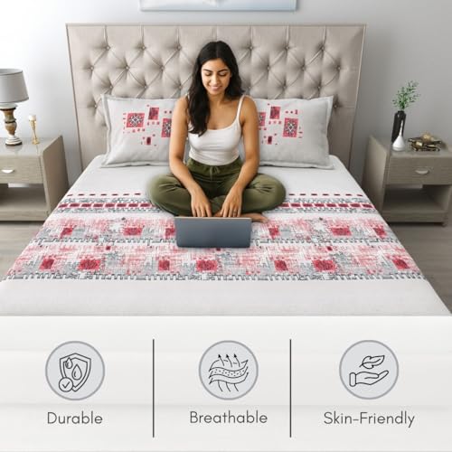 Image of Mafatlal 186 TC Spring Glory Cotton Bedsheet for King Size Bed | 108 x 108 Inches | Cool-Touch Summer Sheets for Breathable Sleep Comfort | 2 Pillow Covers | Poppy Red