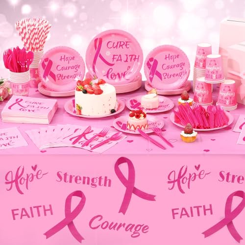 Image of Funnymoom 452 Pcs Breast Cancer Party Decorations Pink Ribbon Cure Faith Love Paper Plates Napkins Cups Tablecloth Cutlery Straws for Breast Cancer Awareness Month Women Charity Activities Supplies