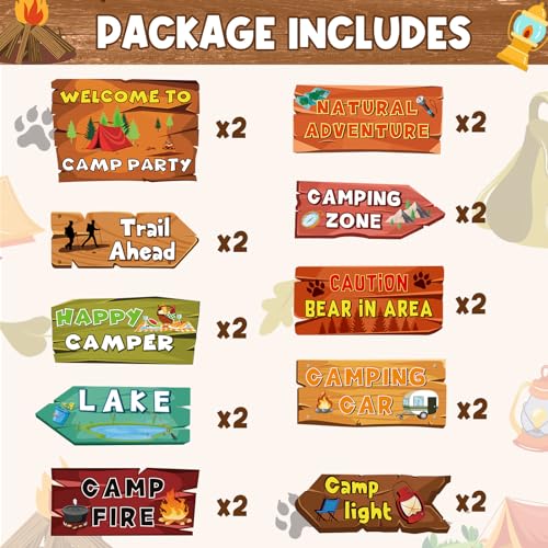 Image of Hooqict 20 Pieces Camping Themed Party Decorations Camping Party Directional Signs for Summer Camp Decor Welcome to Camp Birthday Party Supplies Classroom Wall Door Porch Yard Sign