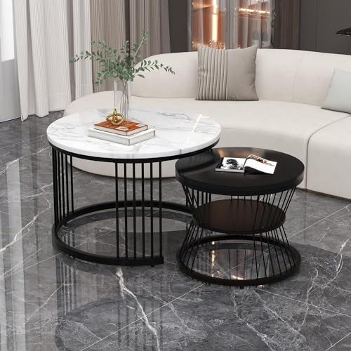 Image of NEST NATURE HAVEN Round Coffee Table, Modern Nestings Table Set of 2, Sofa Side Table with Marble Veneer Top and Metal Frame, End Table for Living Room Bedroom Home or Office (Black White)