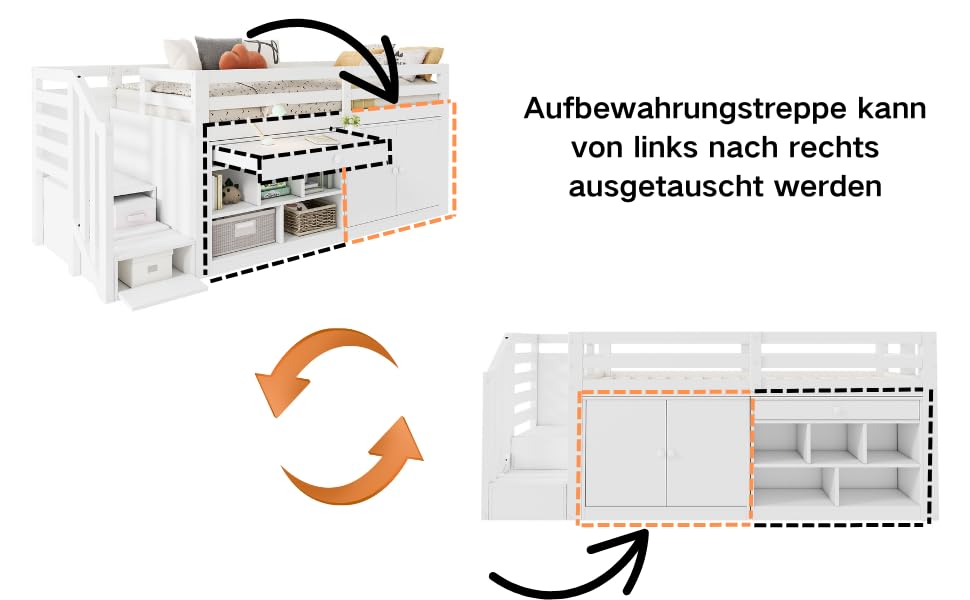 xixiworkshop Hochbett 90x200cm, Multifunktionales Jugendbett mit austauschbar Tisch/Schrank/Treppen/Leiter Bett mit Stauraum, Einzelbett Rausfallschutz ohne Matratze