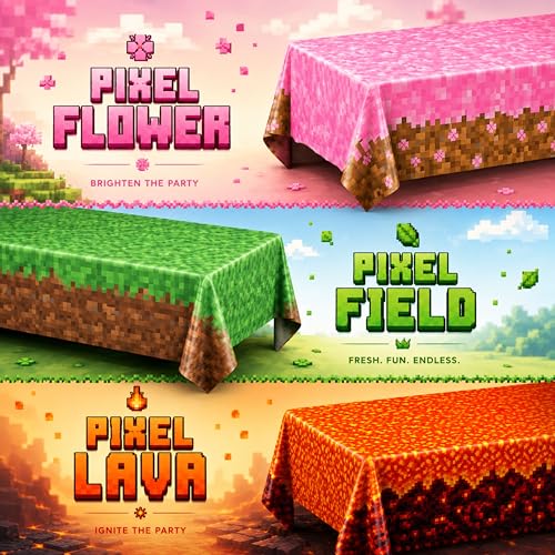 Image of Blue Orchards Pixel Trio Table Covers (Pack of 3) - XL 54 inchx108 inch - Immersive Biomes Birthday Party Decorations, Gamer Party Tablecloth, Pixel Themed Decor, Plastic Table Cover, Event Decoration