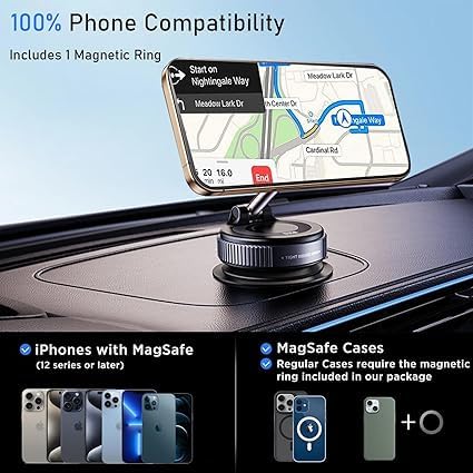 Image of Magnetic Phone Holder with Vacuum Suction Cup Strong 360 Adjustable Swivel Stand for Car Dashboard, Mirror, Kitchen, Gym & Smooth Surfaces Upgraded Locking Mount (Design 2)