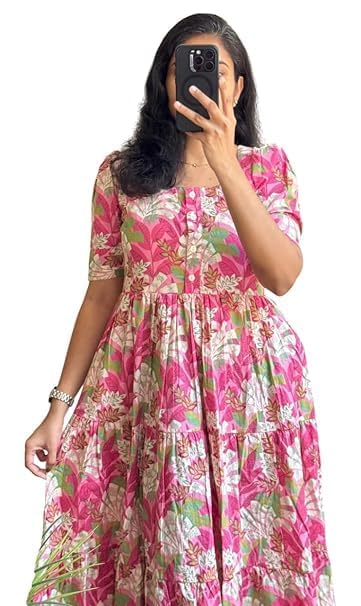Image of Women's Pure Cotton Maxi Midi Dress Western Dress for Women Elegant Floral Printed Long Dresses | Soft & Breathable Fabric | Casual Trending Dress