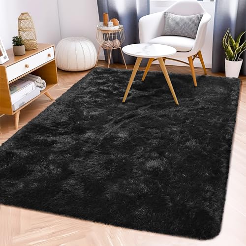 Awaytail Fluffy Rug Flame Resistant 5x7 Feet, Black Throw Rugs