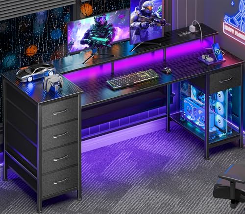 Image of Korfile 61 Inch Computer Gaming Desk with Power Outlets & LED Lights Reversible Home Office Desk with Adjustable 5 Fabric Storage Drawers for Working Writing Study, Black