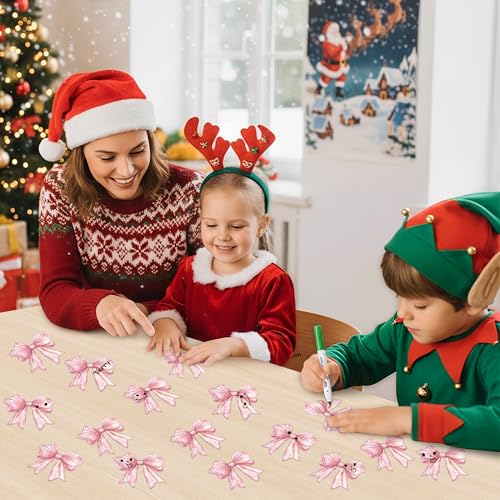 Image of Snowflake Pink Bow Cutouts - 100Pcs Winter Glitter Bow Snowflake DIY Paper Cuts Party Decors Bowknot Shape Cutout Bulletin Board for Winter Xmas Birthday Party Classroom Home Decoration Favor