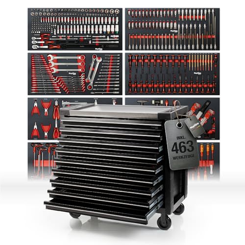 Mephisto Pro-Line Werkzeugwagen Werkstattwagen 'Big Black' gefüllt mit 9 Schubfächer inkl. Werkzeug wie VDE Schraubendreher, Ratsche mit Nusskasten, Schraubendreher-Set in Soft Inlays in Carbon Lock