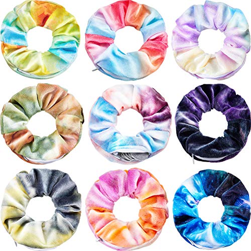 Velvet Pocket Hair Scrunchies Hidden Pocket Hair Ties Elastic Zipper Scrunchies with Zipper Pocket Storage for Women Girls Hair Accessories (9 Pieces, Gradient Color)