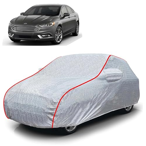 Image of Sulfar 100% Waterproof Car Body Cover Compatible with Mirror for Ford Fusion (Triple Stitched, Full Bottom Elastic, Magic Silver with Red Piping)