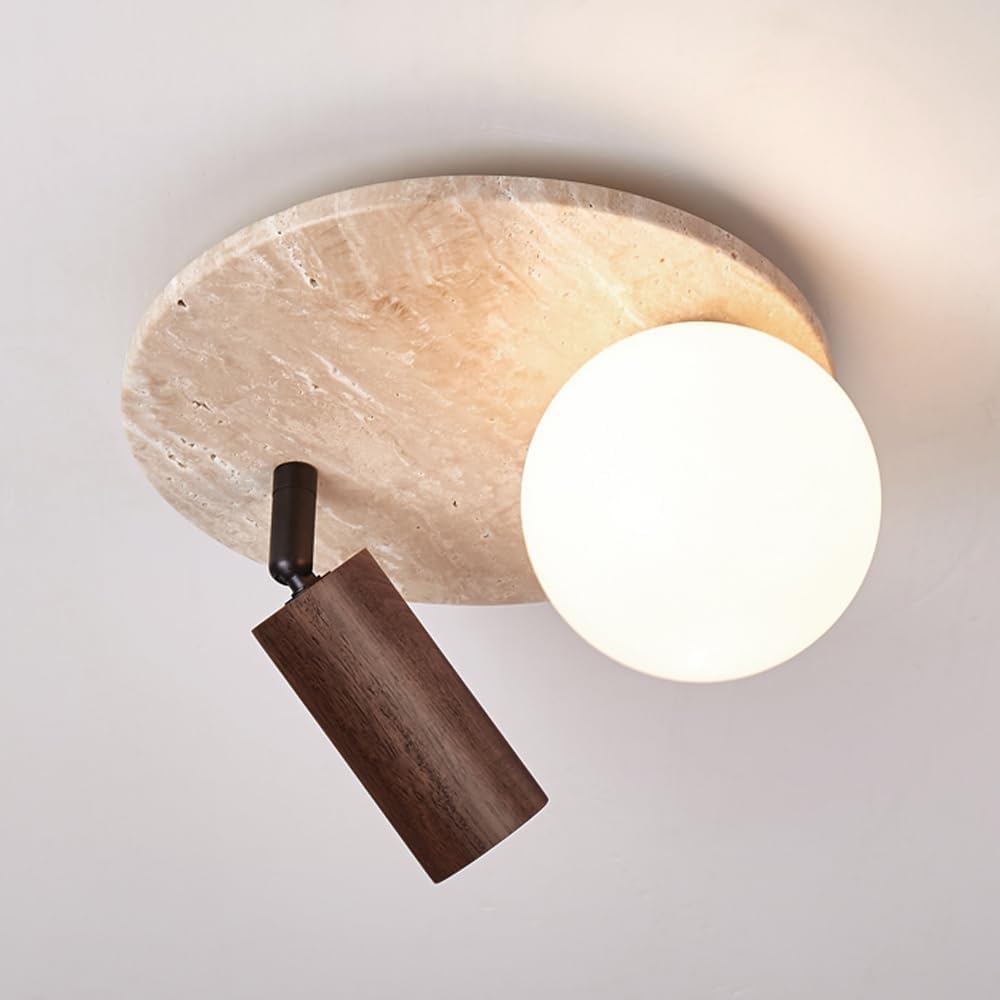 ITOSUI Modern Yellow Travertine Hallway Ceiling Light Wood Adjustable Angle Spotlight Nordic Milk White Globe Glass Bedroom Ceiling Lamp Japanese Wabi Sabi Round Walnut Wood Spotlight