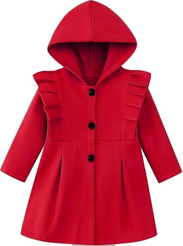 Image of USKIDKK Toddler Baby Girl Clothes Jacket Coat Long Sleeve Solid Color Buttons Hooded Trench Coat Dress Fall Winter Outfit (Red,3-4T)