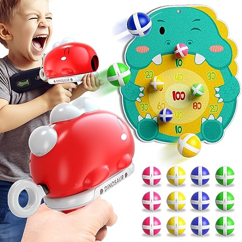 Doloowee Dinosaurier Dartscheibe Schießspielzeug, Wurfspiel Spielzeugpistolen mit Zielscheibe, 12 Klebrigen Bällen, Indoor Outdoor Garten Spielzeug Jungen Mädchen 3 4 5 Jahre alt (Rot)