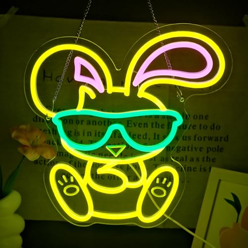 Image of Wearing Sunglasses Bunny Neon Sign, Rabbit Neon Bunny Dimmable Cute LED Neon Light for Animal Wall Bar Club Bedroom Windows Glass Hotel Decor, Room Neon Sign 13x12 inch