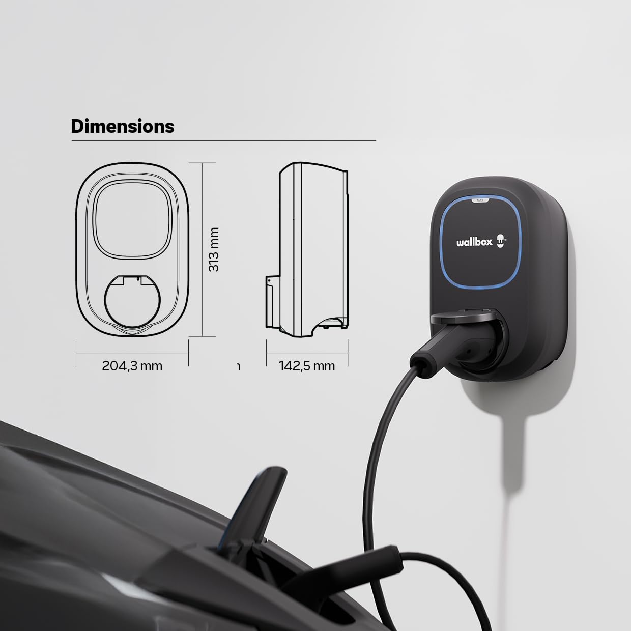 Wallbox Pulsar Max 7.4kW - Chargeur Voiture Electrique 32 A - Chargeur EV Typo 2 avec WiFi et Bluetooth - Compatible avec EV/PHEV et Usage Intérieur/Extérieur - Noir