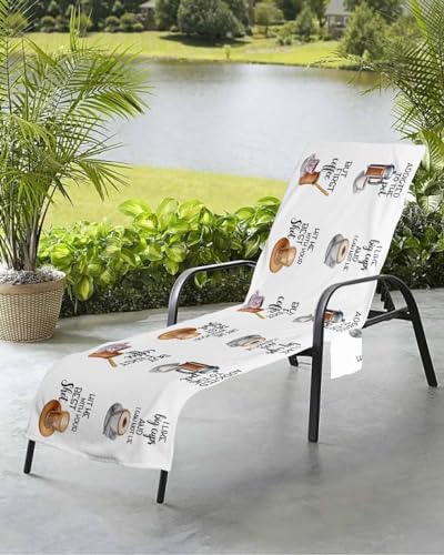 Coffee Theme Beach Chair Towel Covers for Chaise Lounge with Side Pocket, Soft Plush Pool Towels Cover for Patio Sunbathing Outdoor Vintage Brown Coffee Cake Dessert 29''x85''