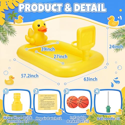 Jenaai 63" Splash Pad for Toddlers 1-3, Inflatable Duck Sprinkler with Hoop - image 2