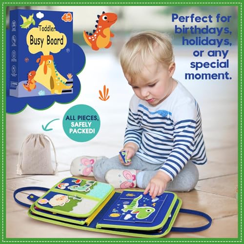 Image of Toddler Sensory Busy Board: Travel Toy Activity Book for Girls Boys, Motor Skill Development Gift for Baby Aged 3-4 Years, Fine Educational Preschool Montessori Learning Toy for Car Airplane Dinosaur
