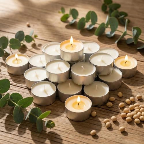 Soy Tea Lights Candles 100 Pack 4 Hours Tealights Candles Bulk Unscented Small Tea Candles - 100% Natural Soy | Long Burning | Smokeless for Emergency Dinner Home