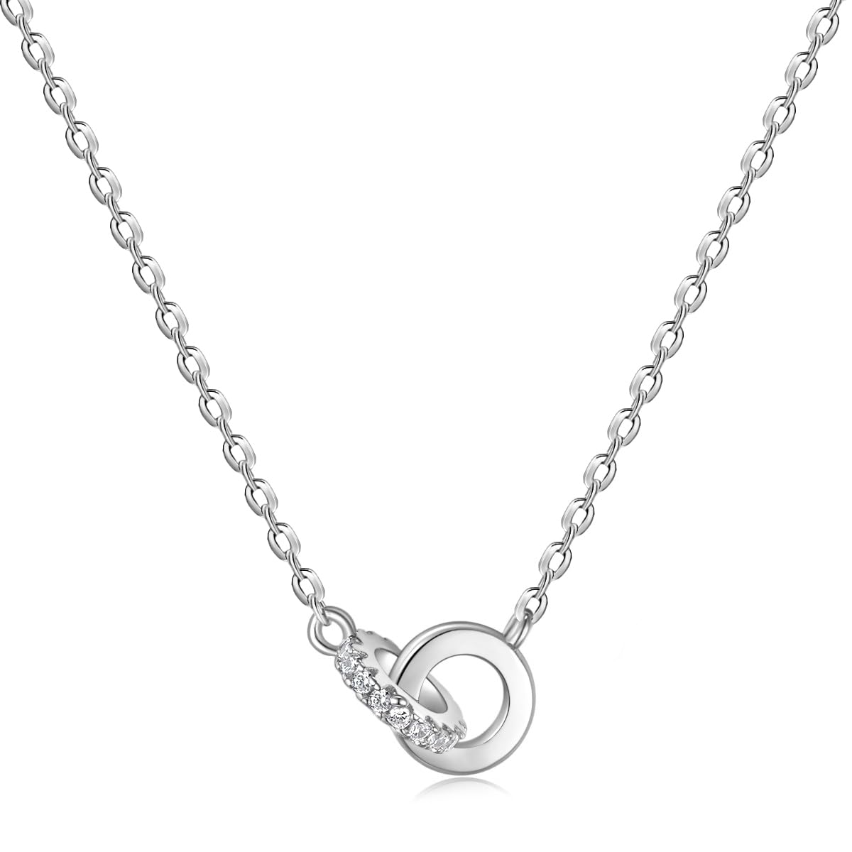 EAMTI 925 Sterling Silver Necklace for Women Interlocking Cubic Zirconia Circle Pendant Solidarity Simple Dainty Jewelry Gifts for Women Birthday/Anniversary Day/Valentine’s Day