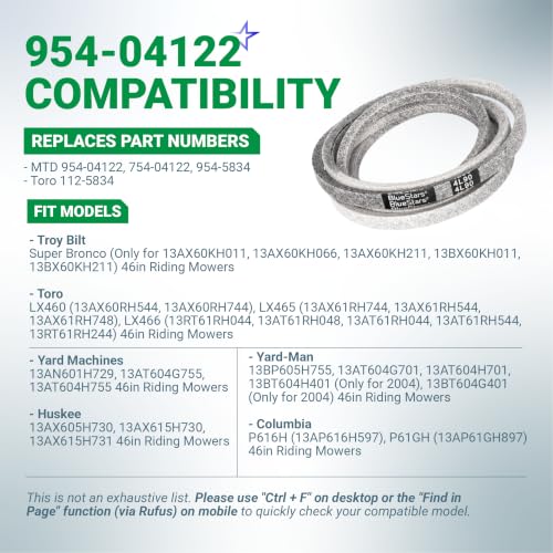Image of BlueStars 954-04122 754-04122 Lawn Mower Belt | Aramid Cord | 1 /2 inch x 90 inch | For Troy Bilt 46 inch Deck MTD Toro LX460 LX465 13AX60KH011 13AX60KH066 13AX60KH211 Riding Mowers Replaces 954-5834 112-5834