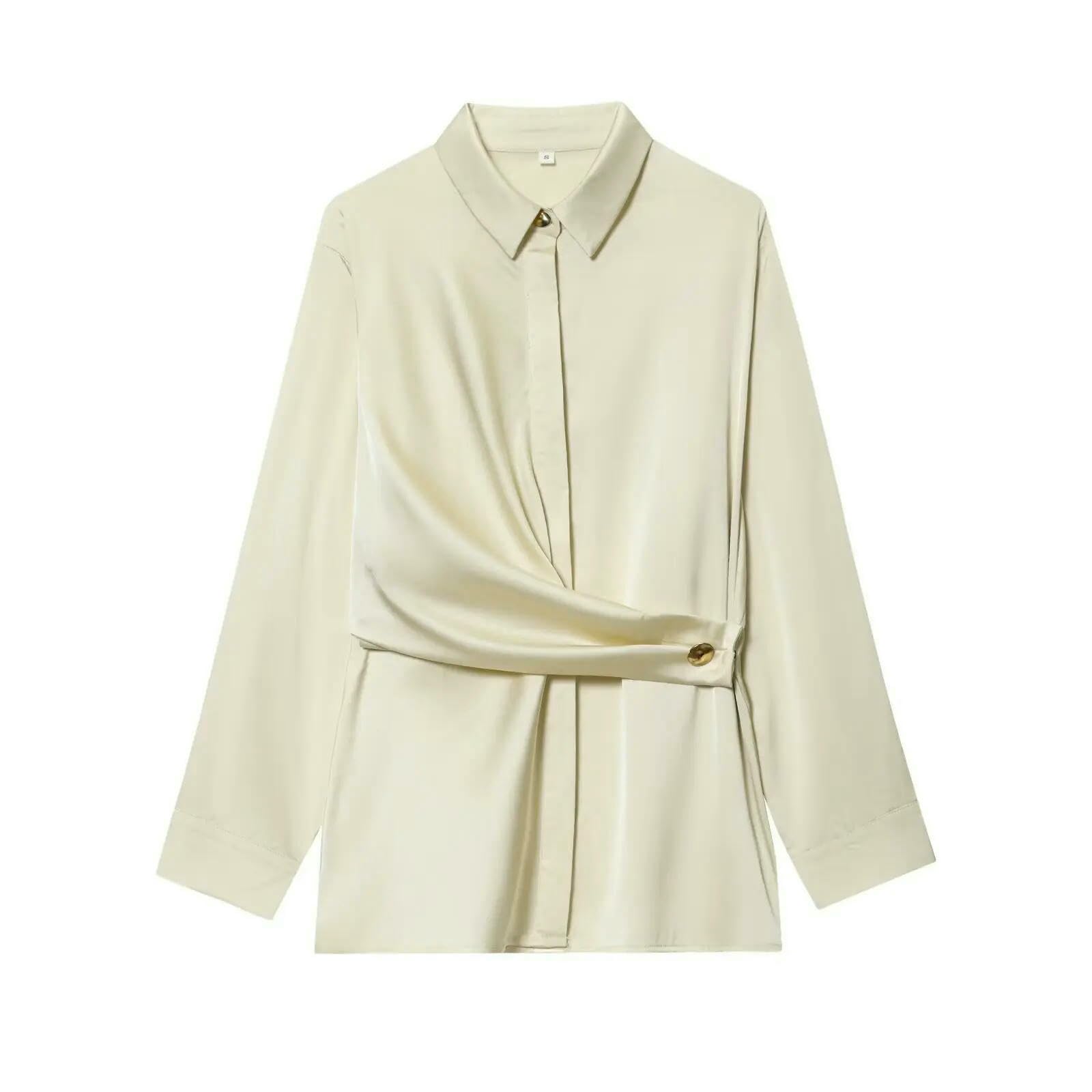Camicia Donna Autunno Moda Doppiopetto in Raso di Seta con Testo Camicette retrò A Maniche Lunghe Nodo Chic Mujer-Albicocca-l