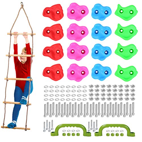 Odoland Rock Climbing Holds Set with Climbing Rope Ladder, Auxiliary Climbing Handle and Mounting Bolts - Kid Climbing Grips DIY Rock Stone Wall Suits Children and Youth
