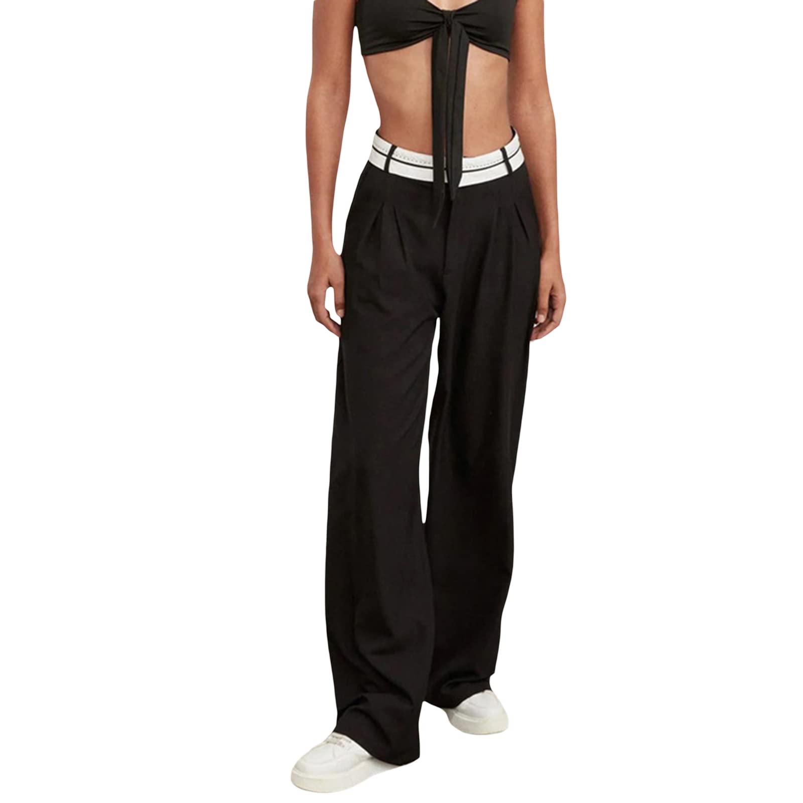 Womens Wide Leg High Waisted Work Pants Straight Loose Suit Pants Casual Business Office Floor Length Trousers