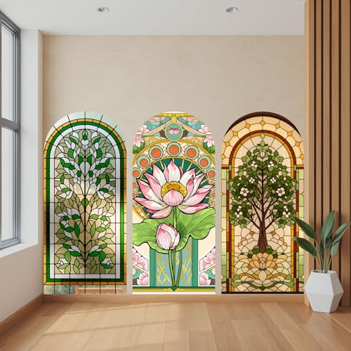 Image of Ridit Creation Stained Glass Window Style Wall Poster Set of 3 (120x90 cm) | Lotus Flower & Tree Design Decorative Wall Art | Modern Aesthetic Wall Posters for Living Room, Bedroom & Office Decor